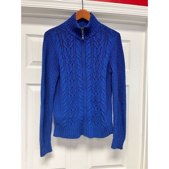 Lauren Jeans Company Royal Blue Cable Knit Zip Up Cardigan Sweater sz XL EUC - Picture 1 of 5